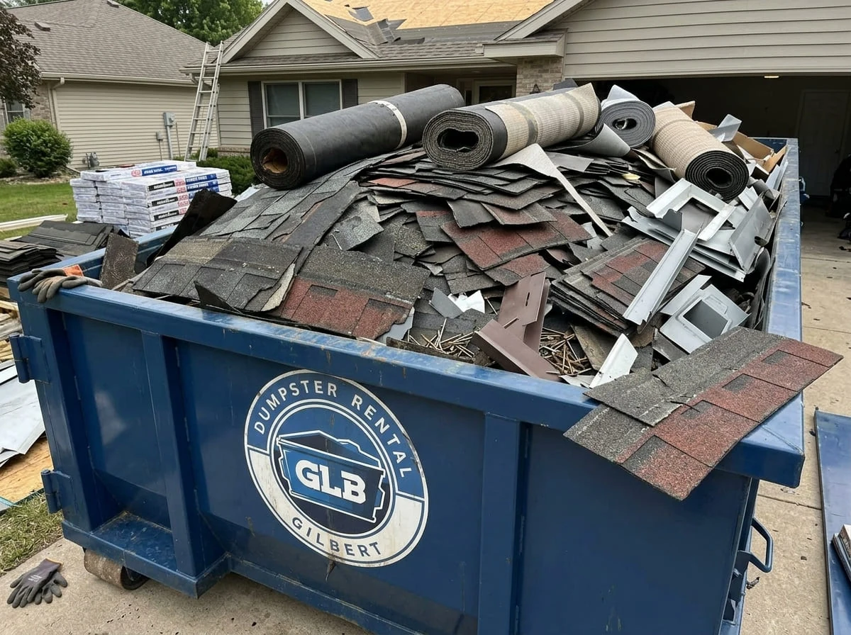 20 yard roll-off dumpster loaded with roofing tear-off debris on a Gilbert, AZ job site 20 yard roll-off dumpster loaded with roofing tear-off debris on a Gilbert, AZ job site