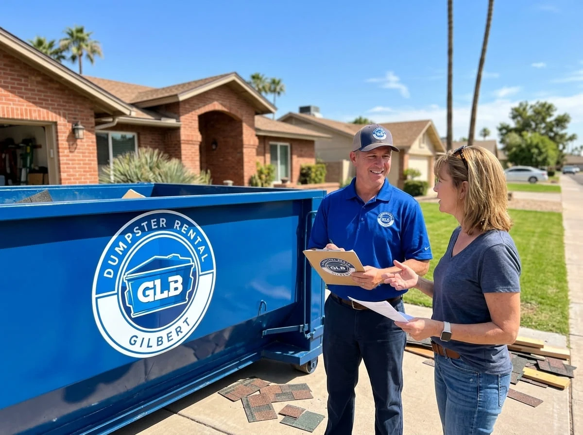 A GLB Dumpster Rental Gilbert driver talking through a delivery with a Gilbert, AZ homeowner A GLB Dumpster Rental Gilbert driver talking through a delivery with a Gilbert, AZ homeowner