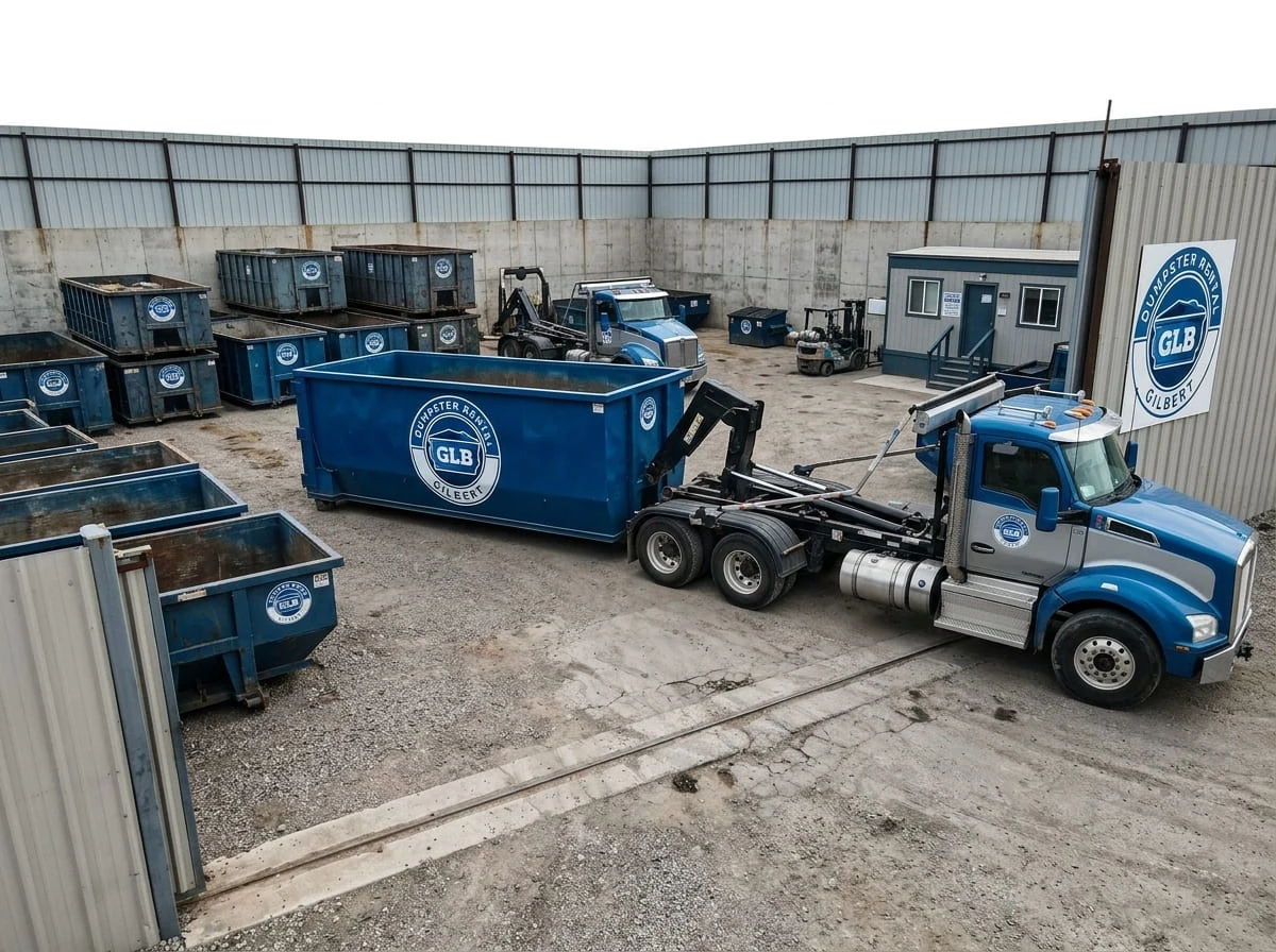 GLB Dumpster Rental Gilbert roll-off trucks staged at our Gilbert, AZ yard, ready for delivery GLB Dumpster Rental Gilbert roll-off trucks staged at our Gilbert, AZ yard, ready for delivery