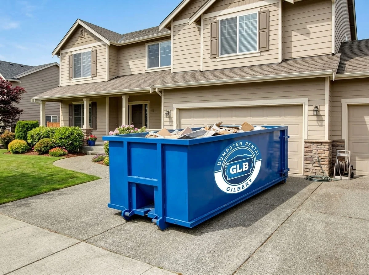 Local dumpster rental in Gilbert GLB Dumpster Rental Gilbert roll-off dumpster delivered to a residential driveway in Gilbert, AZ